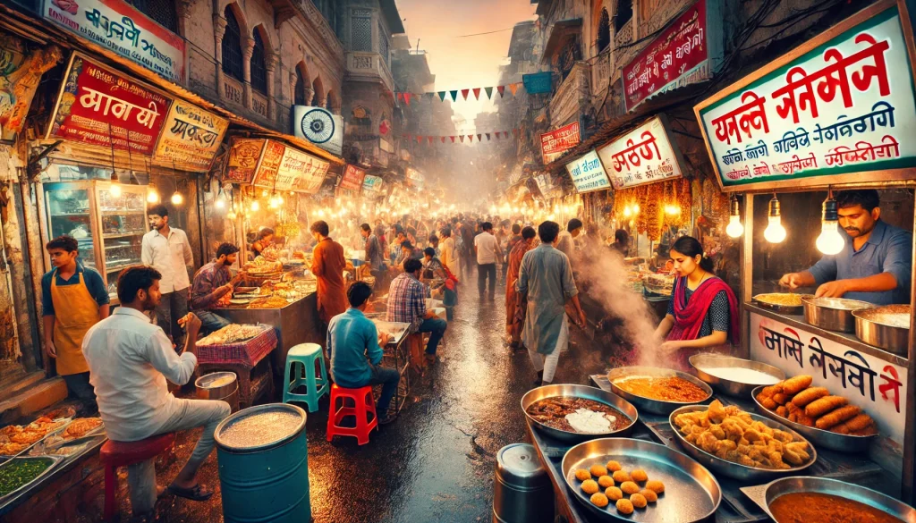 A vibrant Indian food street in the evening, filled with colorful stalls and vendors serving street foods like pani puri, samosas, pav bhaji, and dosas.  food streets in India